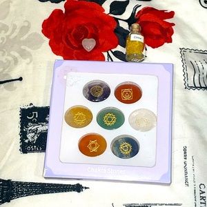 Chakra Healing Stones, heart shaped rose quartz, and a bottle of citrine